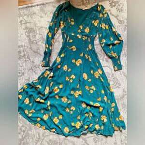 Free People Floral Long Sleeve Flowy Dress with elastic waist and button detail